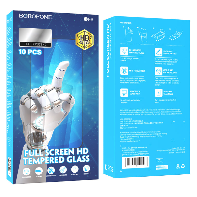 Borofone BF6 Diamond Armor schermbeschermfolie voor Apple iPhone 16e / 14 / 13 Pro / 13, Gehard Glas, Volledige Lijm, Set van 10 stuks, Zwart