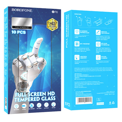 Borofone BF6 Diamond Armor schermbeschermfolie voor Apple iPhone 16e / 14 / 13 Pro / 13, Gehard Glas, Volledige Lijm, Set van 10 stuks, Zwart