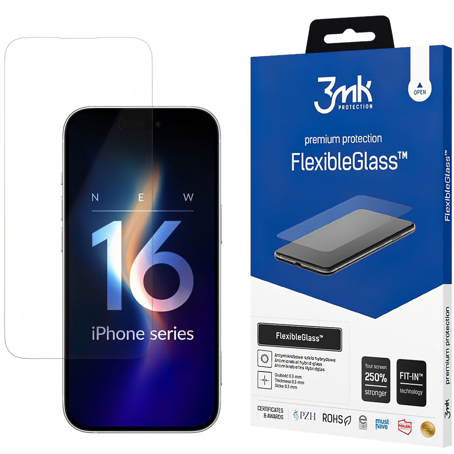 3MK FlexibelGlas Screen Protector voor Apple iPhone 16, Flexibel Glas, Volledig gelijmd 