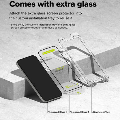 Ringke Easy Slide Screen Protector voor Apple iPhone 16 / 15, Glasbeschermd, Volledig gelijmd, Set 2 stuks, Zwart