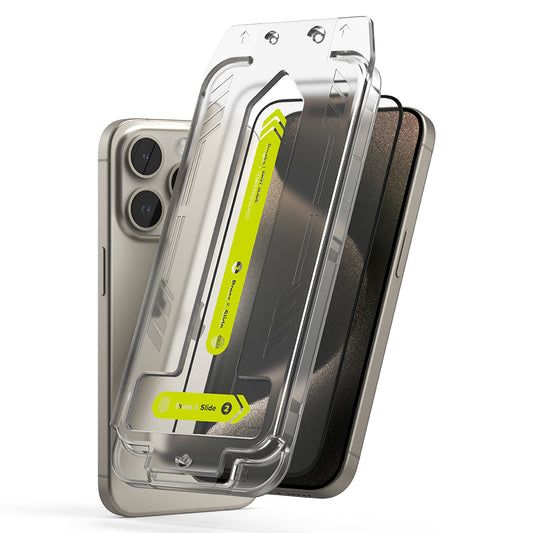 Beschermfolie Ringke Easy Slide voor Apple iPhone 15 Pro Max, Gehard Glas, Volledige Lijm, Set van 2 Stuks, Zwart