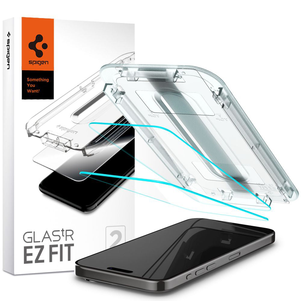 Film de protection d'écran Spigen GlastR EZ FIT pour Apple iPhone 15 Pro, Verre trempé, Full Glue, Lot de 2 pièces AGL06892