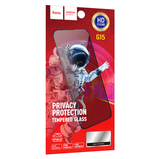 Privacy-schermbeveiligingsfolie HOCO G15 voor Apple iPhone 15 Pro Max, Gehard Glas, Volledige Lijm, 5D