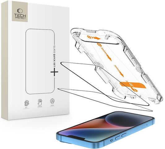 Beschermfolie Tech-Protect Quick Set+ voor Apple iPhone 17e / 16e / 14 / 13 Pro, Gehard Glas, Volledige Lijm, Set van 2 stuks, Zwart