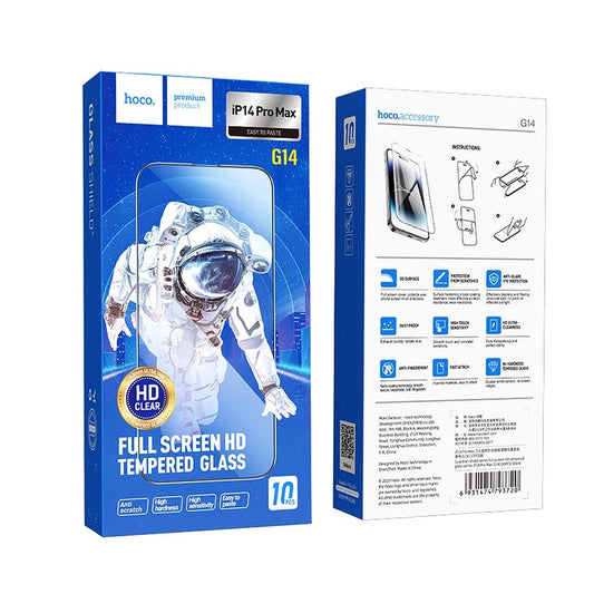 HOCO schermbeschermfolie voor Apple iPhone 14 Pro Max, Gehard Glas, Volledige Lijm, Set van 10 stuks, Zwart