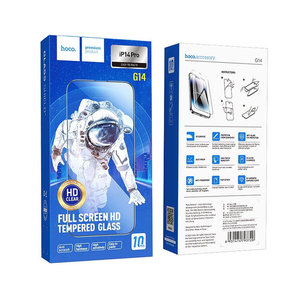 Film de protection d'écran HOCO pour Apple iPhone 14 Pro, Verre Trempé, Full Glue, Lot de 10 pièces, Noir