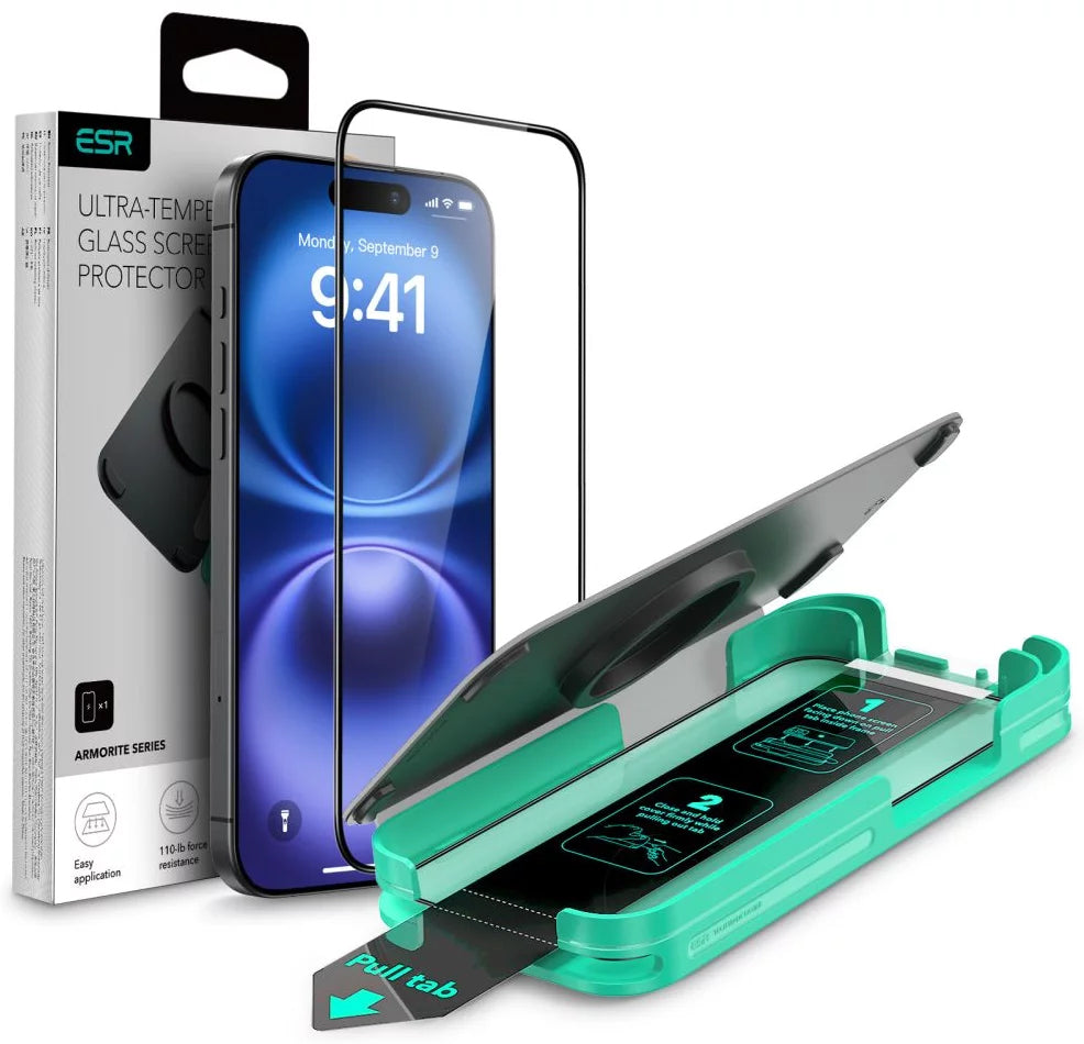 Schutzfolie ESR Armorite für Apple iPhone 16 Pro, gehärtetes Glas, Vollkleber, Schwarz