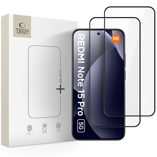 Schutzfolie Tech-Protect FIT+ für Xiaomi Redmi Note 15 Pro 5G, Gehärtetes Glas, Vollverklebung, Set mit 2 Stück, 2.5D, Schwarz