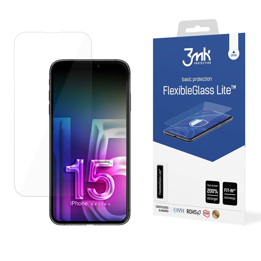 3MK FlexibleGlass Lite Displayschutzfolie für Apple iPhone 15, Flexibles Glas, Vollflächig Klebend