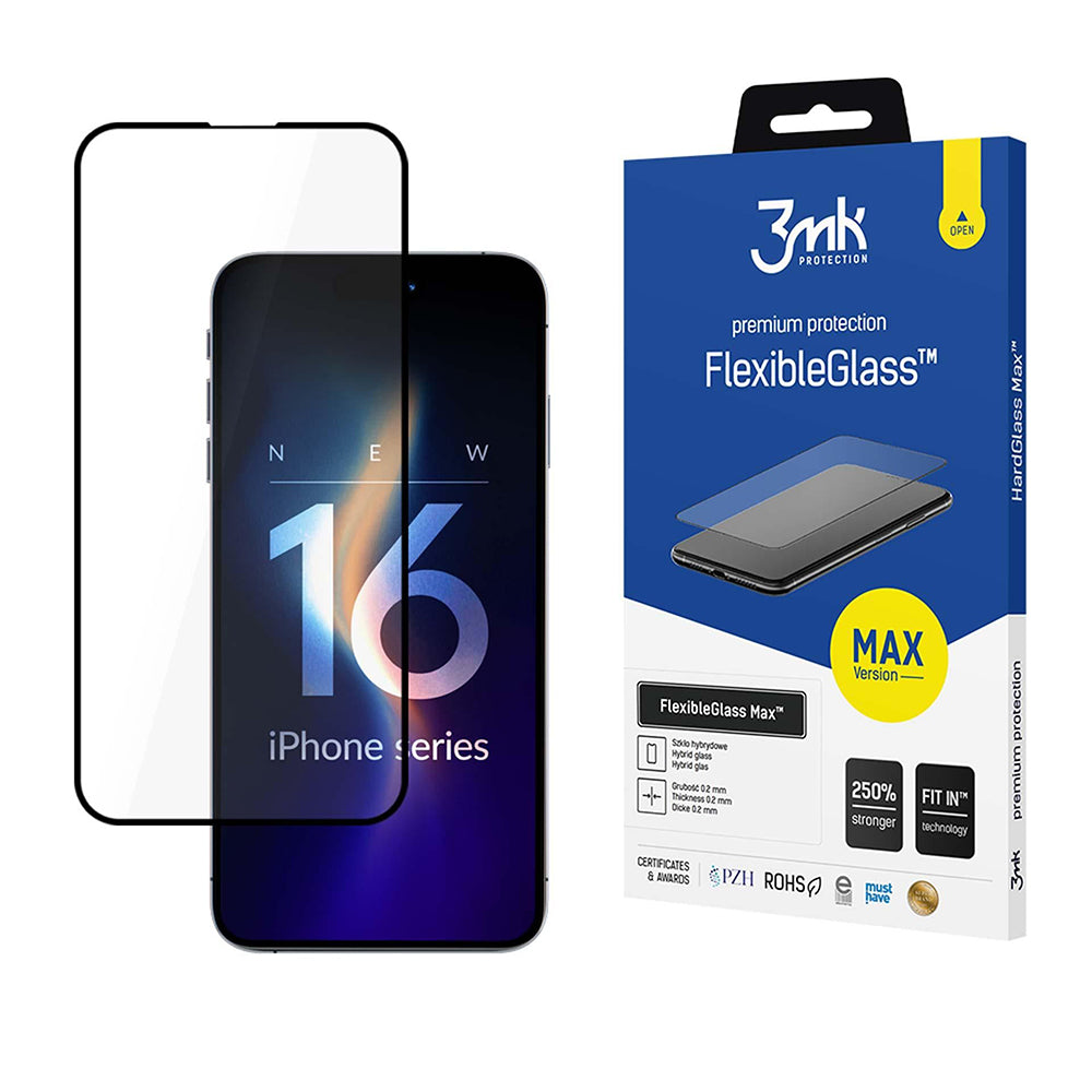 Film de protection d'écran 3MK FlexibleGlass Max pour Apple iPhone 16 Pro, Verre Flexible, Collage Complet, Noir