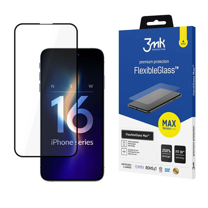 Film de protection d'écran 3MK FlexibleGlass Max pour Apple iPhone 16 Pro, Verre Flexible, Collage Complet, Noir