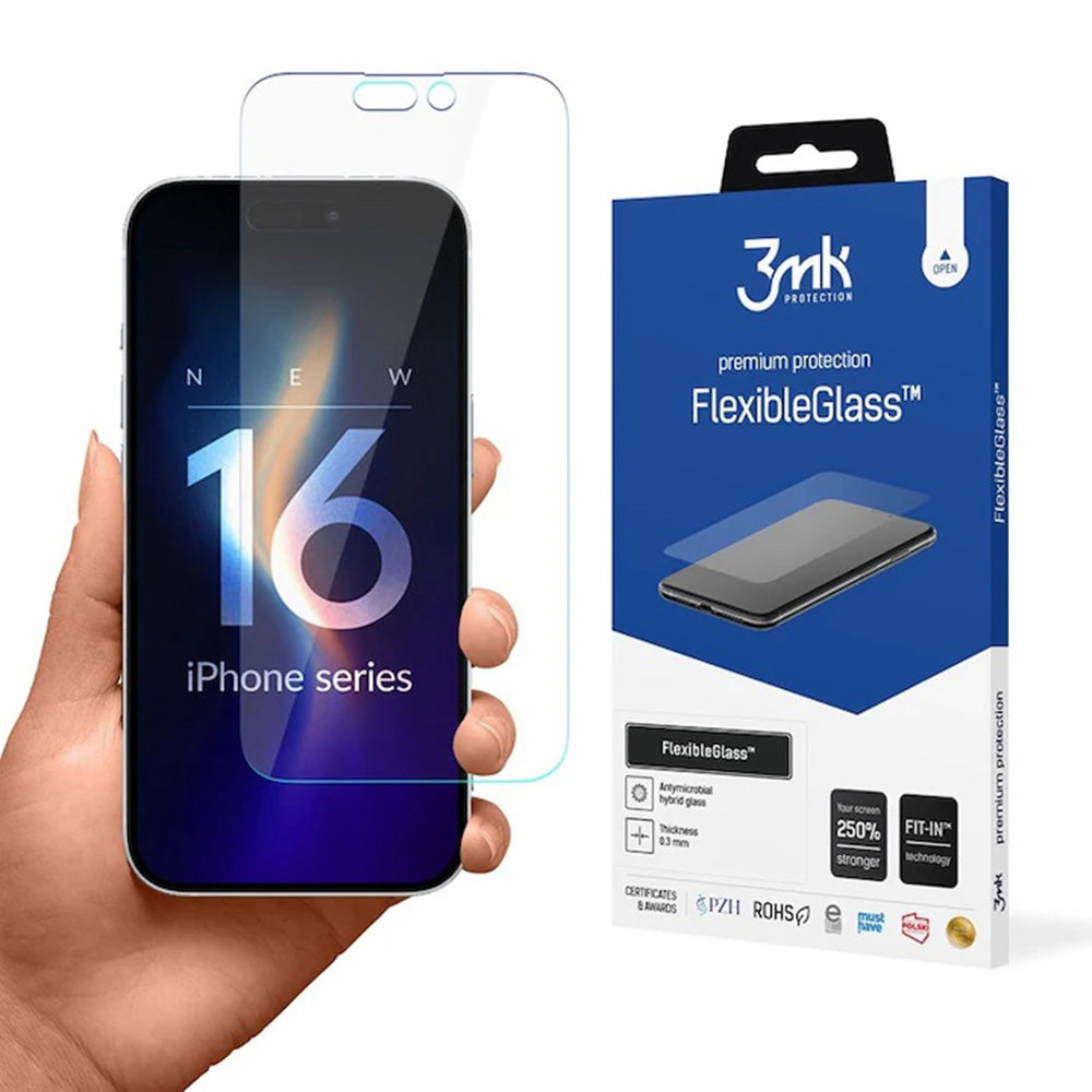 3MK FlexibleGlass schermbeschermfolie voor Apple iPhone 16 Pro Max, Flexibel Glas, Volledige Lijm