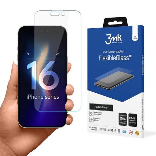 Film de protection d'écran 3MK FlexibleGlass pour Apple iPhone 16 Pro Max, Verre Flexible, Collage Complet
