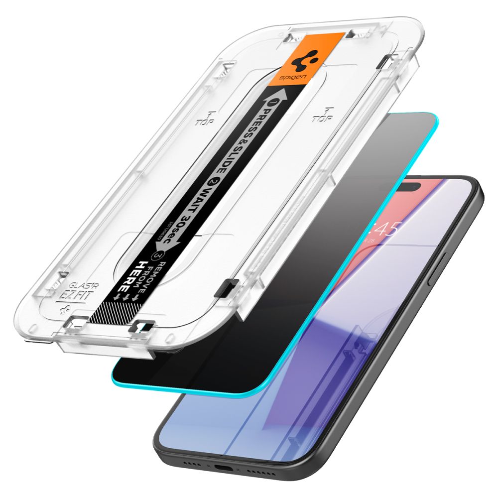 Spigen EZ FIT Privacy Screen Protector voor Apple iPhone 16 / 15, Glas Afgeschermd, Volledig gelijmd, 2,5D AGL07121