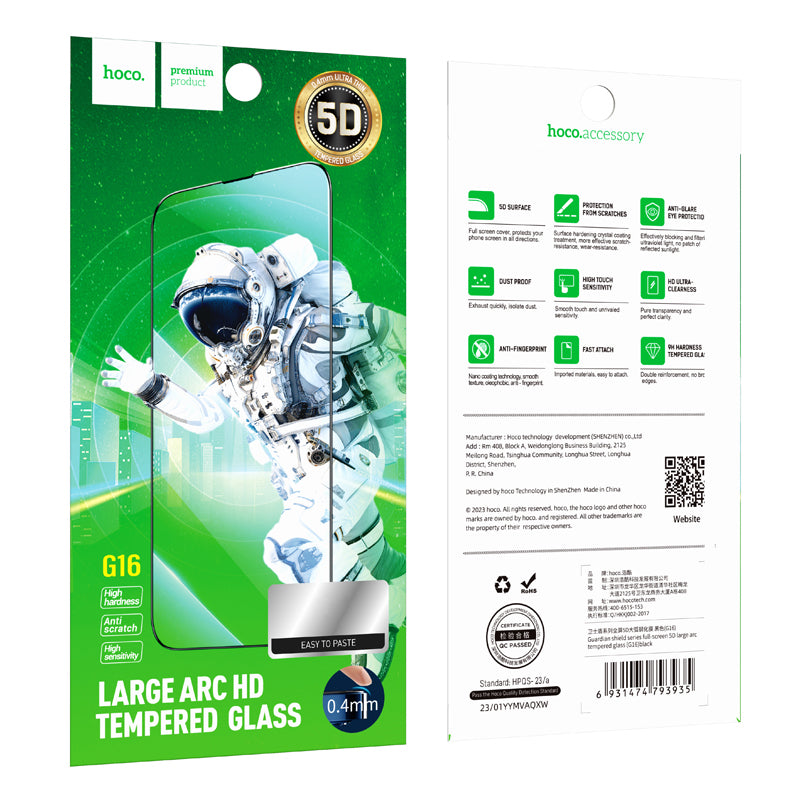 Film de protection écran HOCO G16 pour Apple iPhone 16 / 15, Verre Trempé, Full Glue, 5D, Noir.