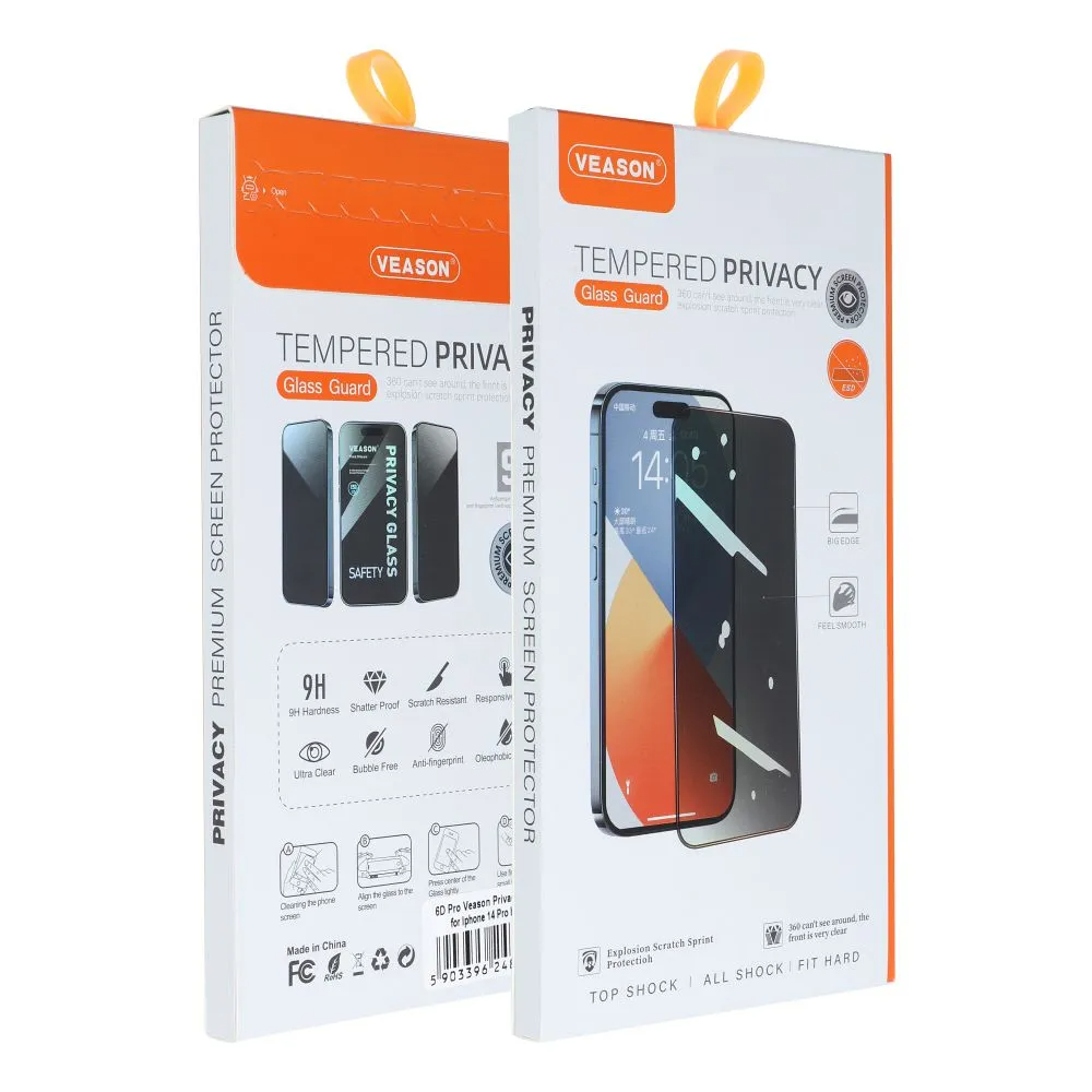 Privacy-Schutzfolie Veason für Apple iPhone 14 / 13 Pro, gehärtetes Glas, Full Glue, 6D