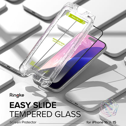 Ringke Easy Slide Screen Protector voor Apple iPhone 15 Pro, Volledig gelijmd, Set 2 stuks, Zwart