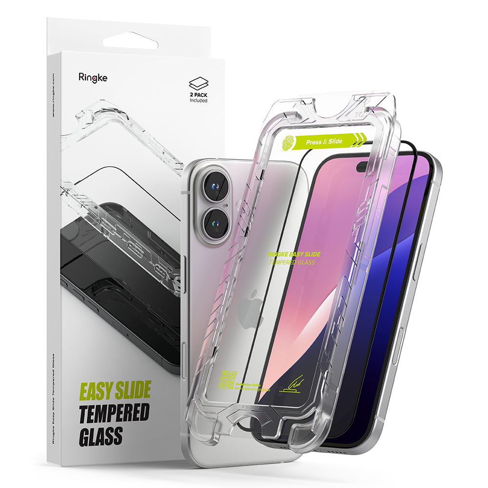 Ringke Easy Slide Screen Protector voor Apple iPhone 16 / 15, Glasbeschermd, Volledig gelijmd, Set 2 stuks, Zwart