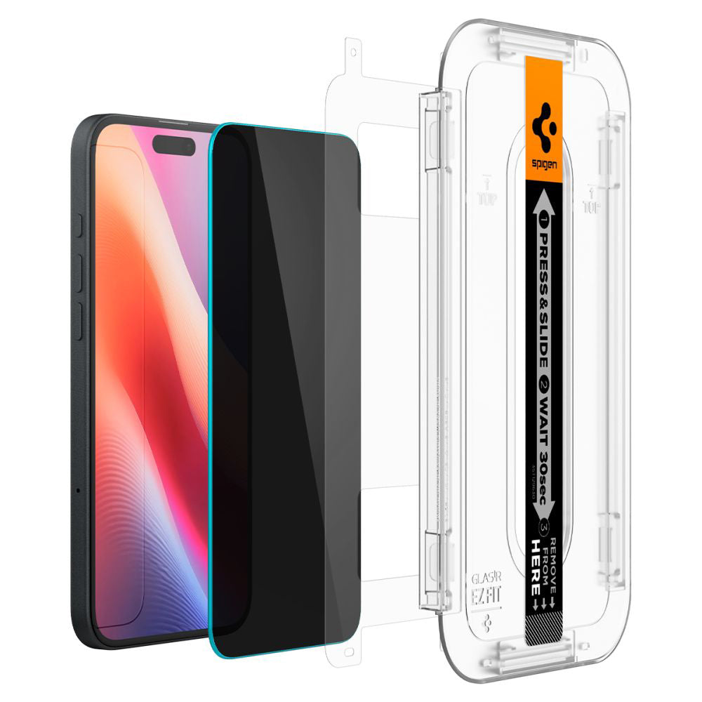 Privacy Screen Protector Spigen GlastR EZ FIT voor Apple iPhone 16 / 15, Gehard Glas, Volledige Lijm, Set van 2 stuks AGL06905