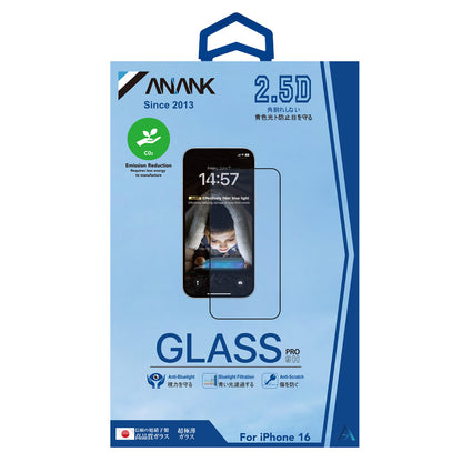 Anti Blue Light Anank 3X Versterkte Screenprotector voor Apple iPhone 16 Pro, Gehard Glas, Volledige Lijm, 2.5D, Zwart