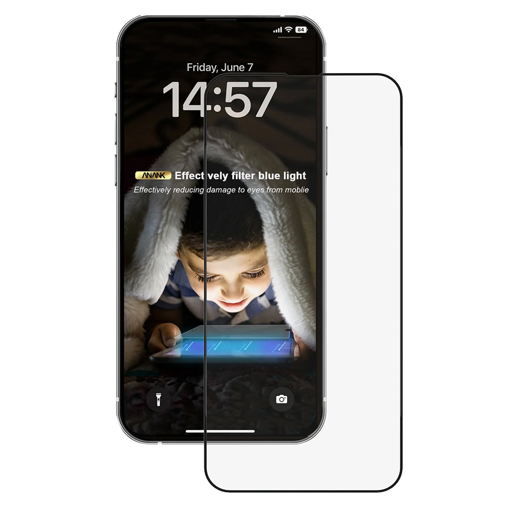 Anti Blue Light Screen Protector Folie Anank voor Apple iPhone 14 Pro, Gehard Glas, Full Glue, 2.5D, Zwart