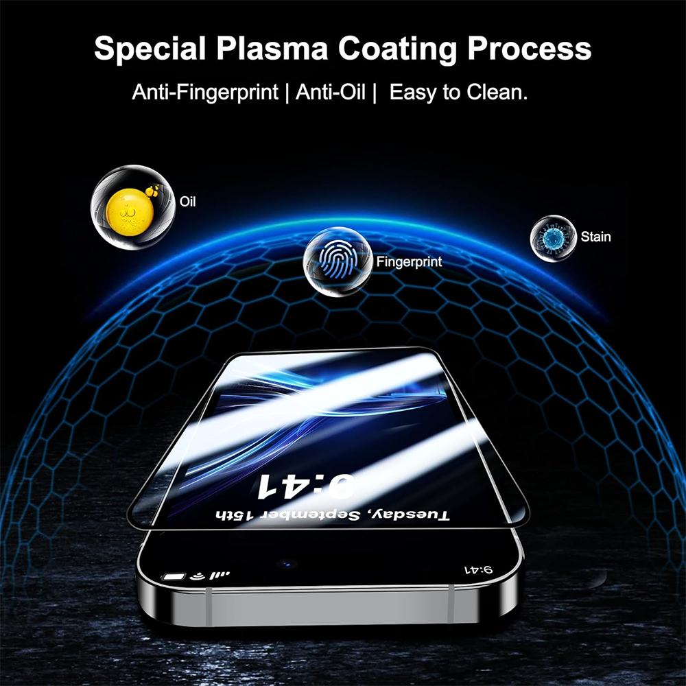 Film de protection d'écran Blueo Anti-Casse pour Apple iPhone 16 Plus / 15 Plus / 14 Pro Max, Verre Trempé, Collage Complet, Noir
