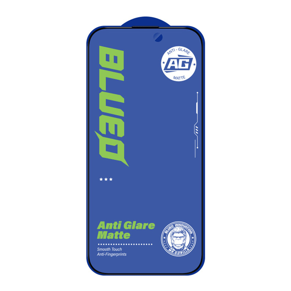 Blueo Anti-Glare schermbeschermfolie voor Apple iPhone 17e / 16e / 14 / 13 Pro, gehard glas, volledige lijm, zwart