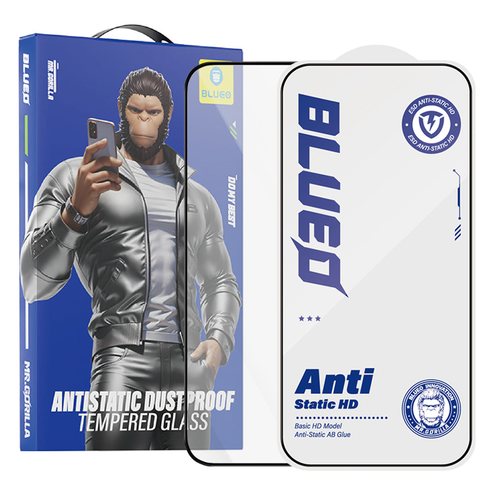 Blueo Anti-Static HD Displayschutzfolie für Apple iPhone 16 / 15, gehärtetes Glas, Vollkleber, Schwarz