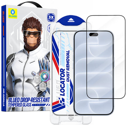 Protection d’écran Blueo Drop Resistant Applicator Pro pour Apple iPhone 18 Pro / 17 Pro / 17 / 16 Pro, verre trempé, adhésif intégral, noir
