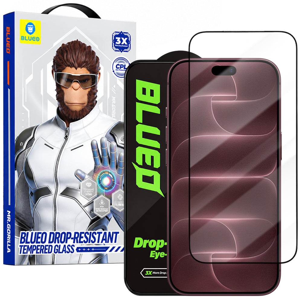 Blueo Drop Resistant schermbeschermer voor Apple iPhone 18 Pro Max / 17 Pro Max / 16 Pro Max, gehard glas, volledige kleeflaag, zwart