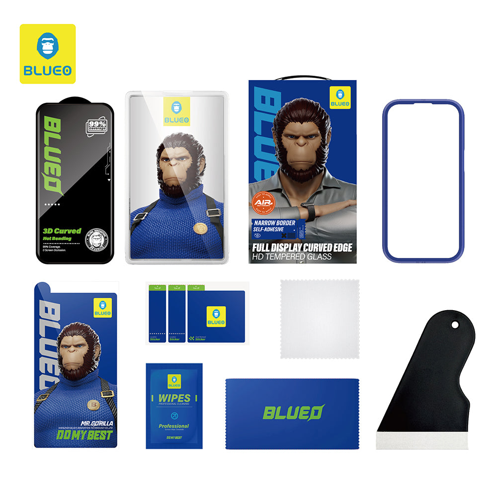 Blueo HD Displayschutzfolie für Apple iPhone 16 Pro, gehärtetes Glas, Full Glue, 3D, Schwarz