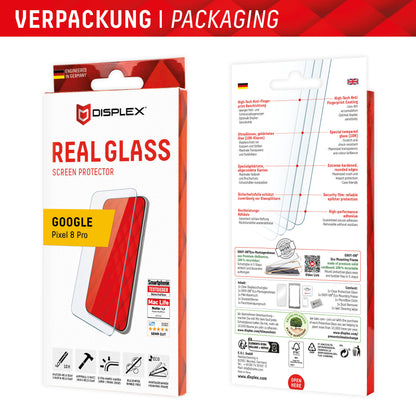 Displex Real Glass schermbeschermfolie voor Google Pixel 8 Pro, Gehard Glas, Volledige Lijm, 2D
