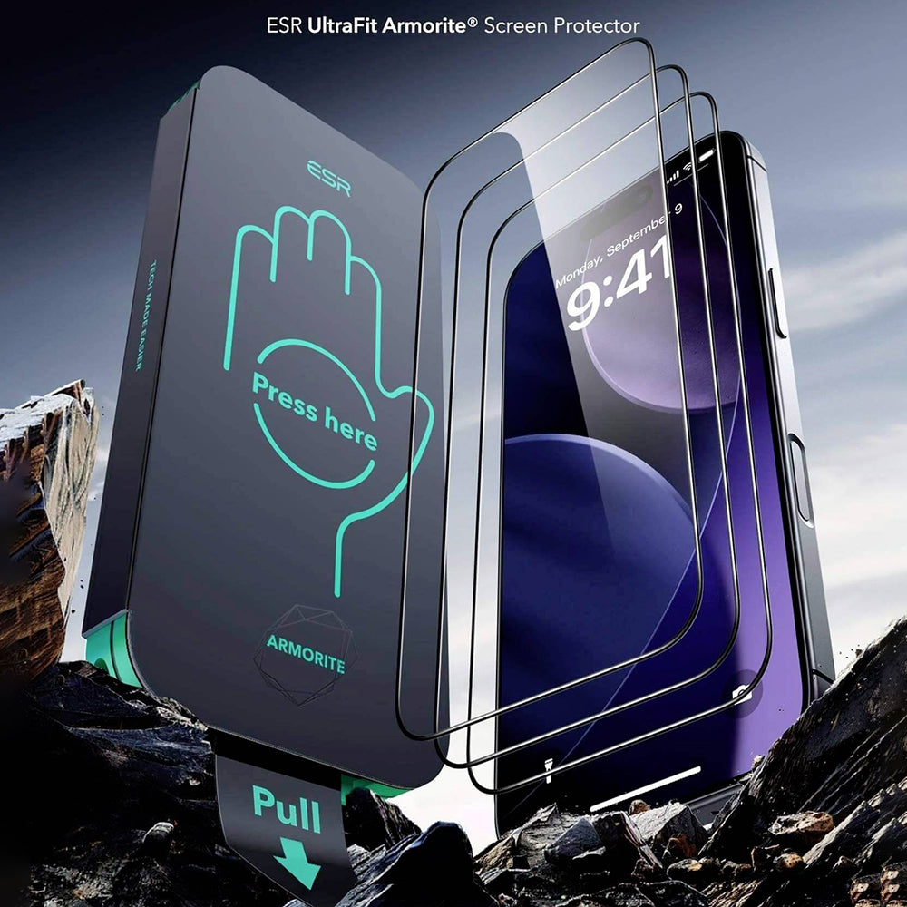 Schutzfolie ESR Armorite UltraFit für Apple iPhone 17 / 16 Pro, gehärtetes Glas, Full Glue, Set mit 2 Stück, Schwarz