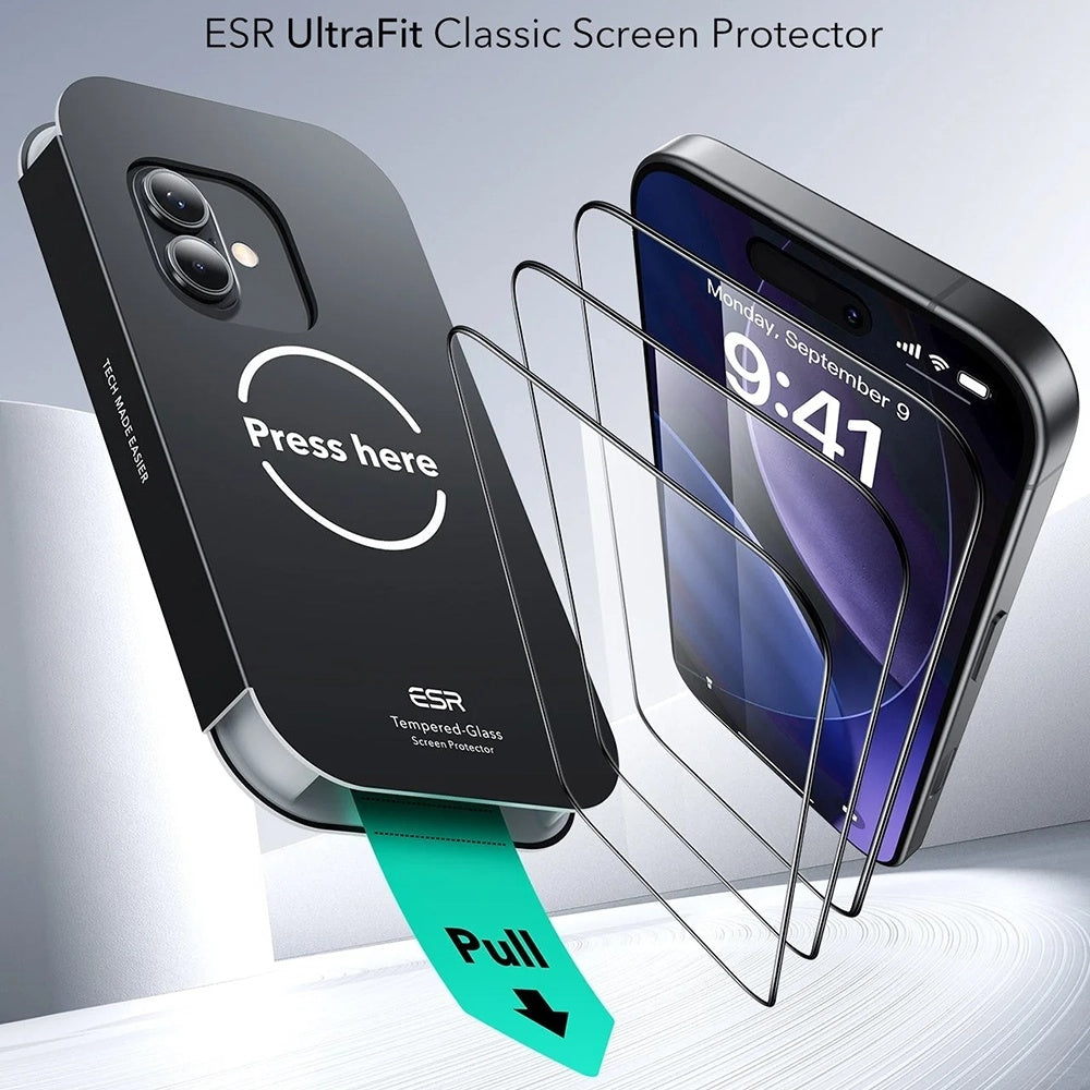 Film de protection écran ESR UltraFit pour Apple iPhone 17 / 16 Pro, Verre Trempé, Full Glue, Set de 3 pièces
