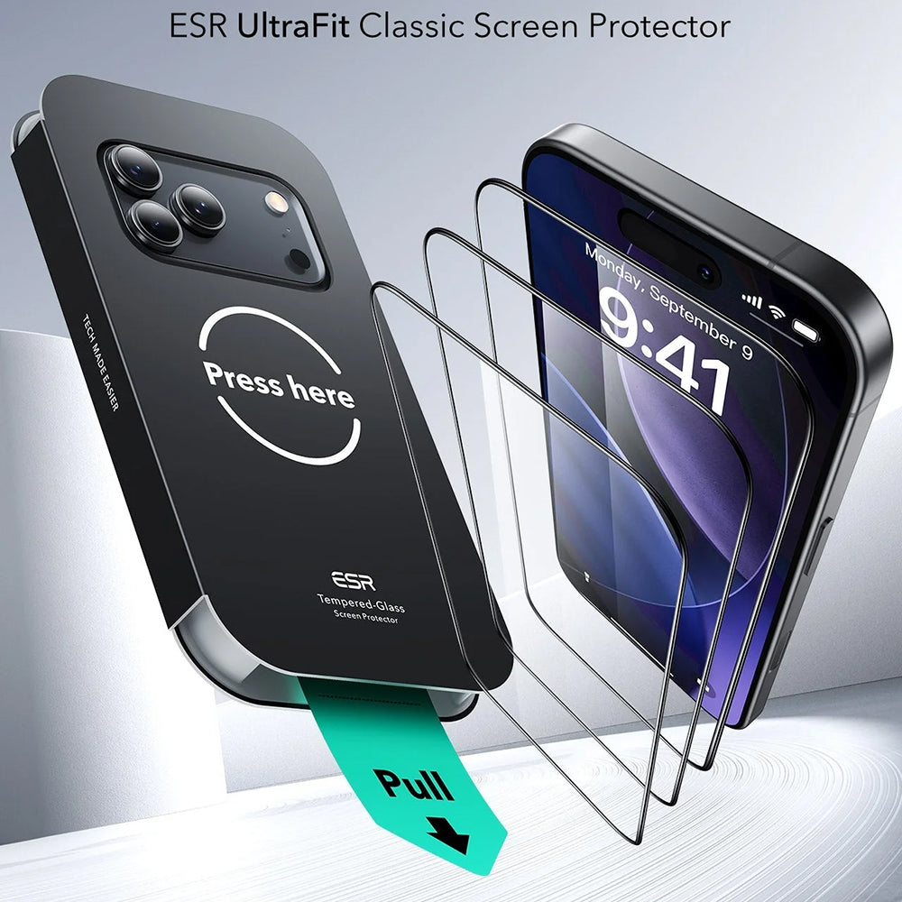 Film de protection écran ESR UltraFit pour Apple iPhone 17 Pro, Verre Trempé, Full Glue, Set de 3 pièces