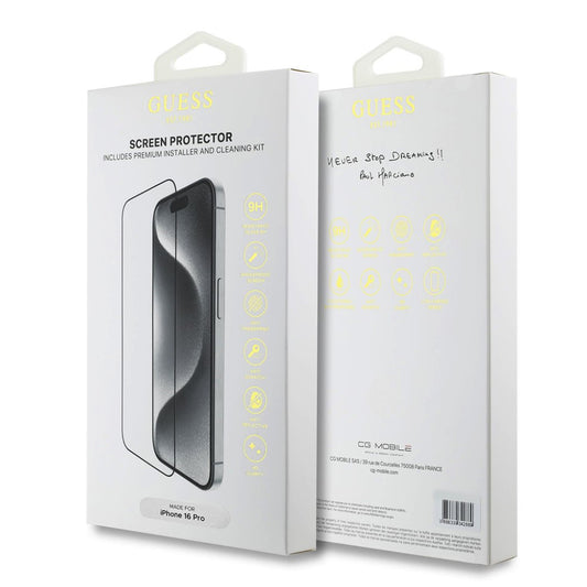 Schutzfolie Guess Classic Outline für Apple iPhone 16 Pro Max, Gehärtetes Glas, Full Glue, 2.5D, Schwarz GUTGP16XBOKGCIT