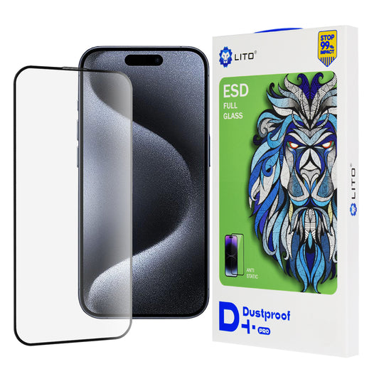 Lito D+ Pro Dustproof schermbeschermfolie voor Apple iPhone 15 Pro, gehard glas, volledige lijm, zwart