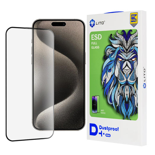 Lito D+ Pro Dustproof schermbeschermfolie voor Apple iPhone 15, gehard glas, volledige lijm, zwart