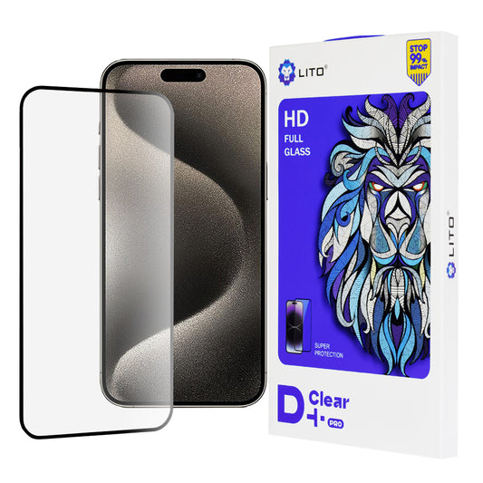 Lito D+ Pro schermbeschermfolie voor Apple iPhone 15 Pro Max, gehard glas, volledige lijm, zwart