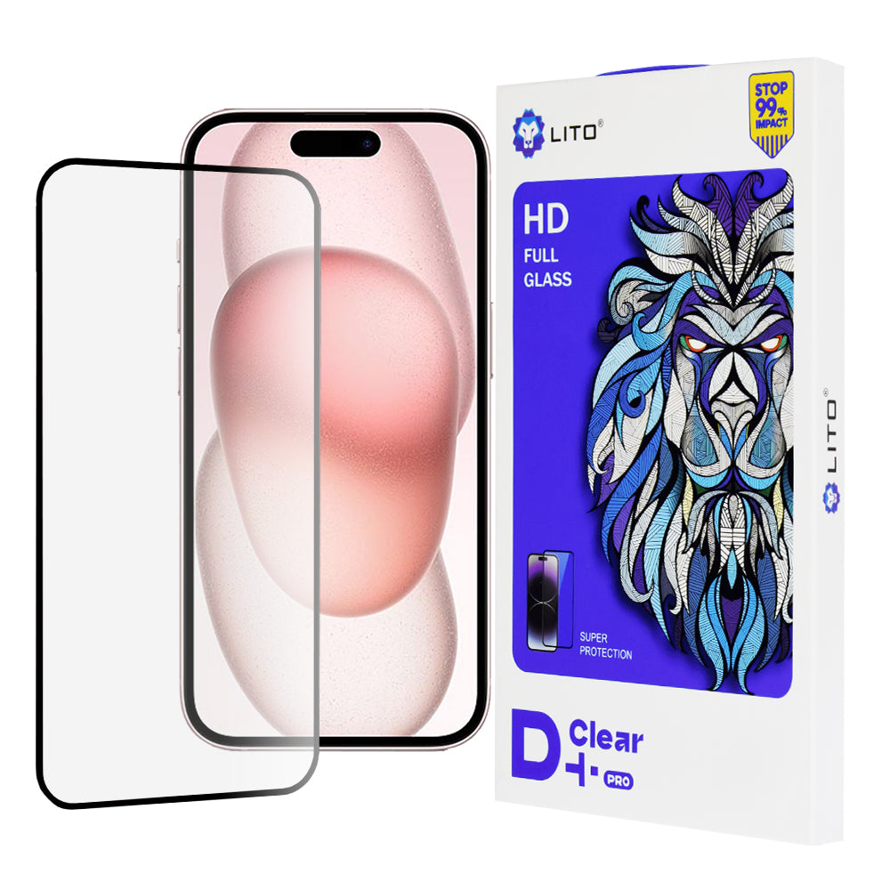 Lito D+ Pro Displayschutzfolie für Apple iPhone 15, gehärtetes Glas, Full Glue, Schwarz