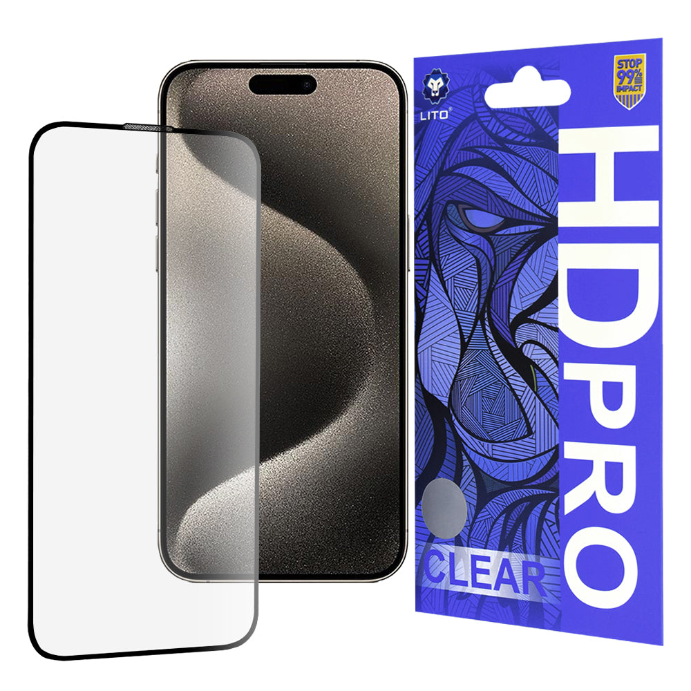 Film de protection écran Lito HD Pro Clear pour Apple iPhone 15 Pro Max, Verre trempé, Collage intégral, Noir
