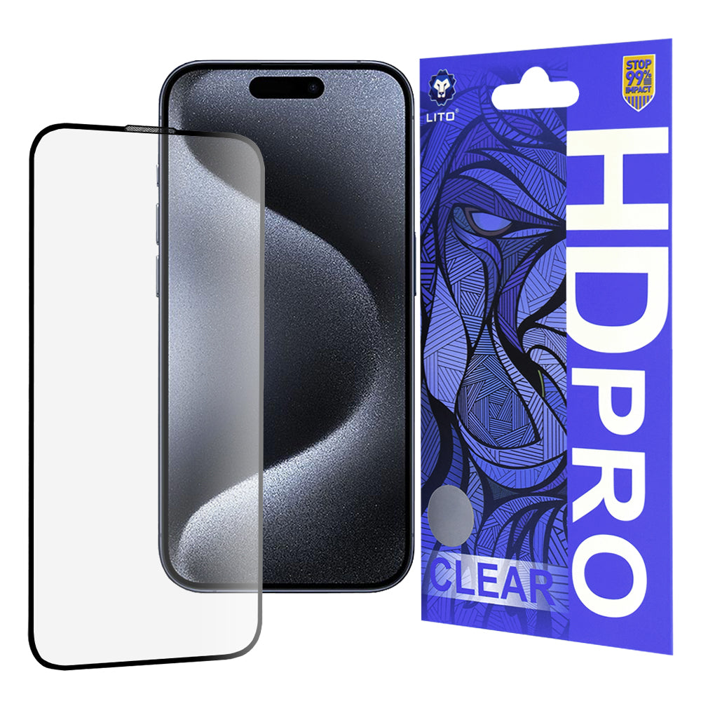 Film de protection d'écran Lito HD Pro Clear pour Apple iPhone 15 Pro, Verre trempé, Collage intégral, Noir