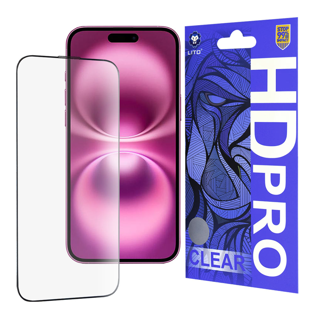 Film de protection écran Lito HD Pro Clear pour Apple iPhone 16 Plus, Verre Trempé, Collage Complet, Noir