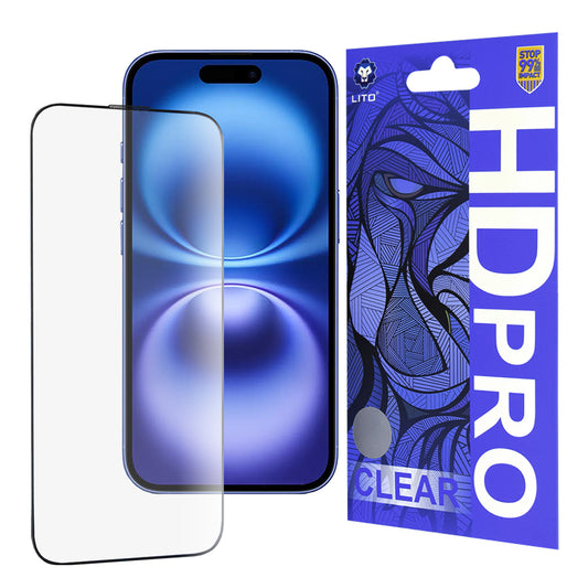 Lito HD Pro Clear Displayschutzfolie für Apple iPhone 16, gehärtetes Glas, Vollkleber, Schwarz