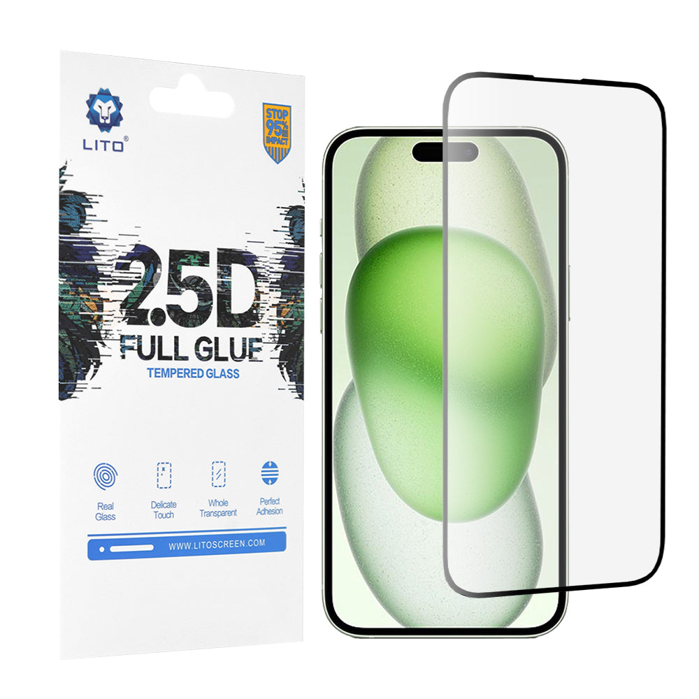 Film de protection d'écran Lito pour Apple iPhone 15 Plus, Verre trempé, Full Glue, 2.5D, Noir
