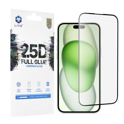 Film de protection d'écran Lito pour Apple iPhone 15 Plus, Verre trempé, Full Glue, 2.5D, Noir