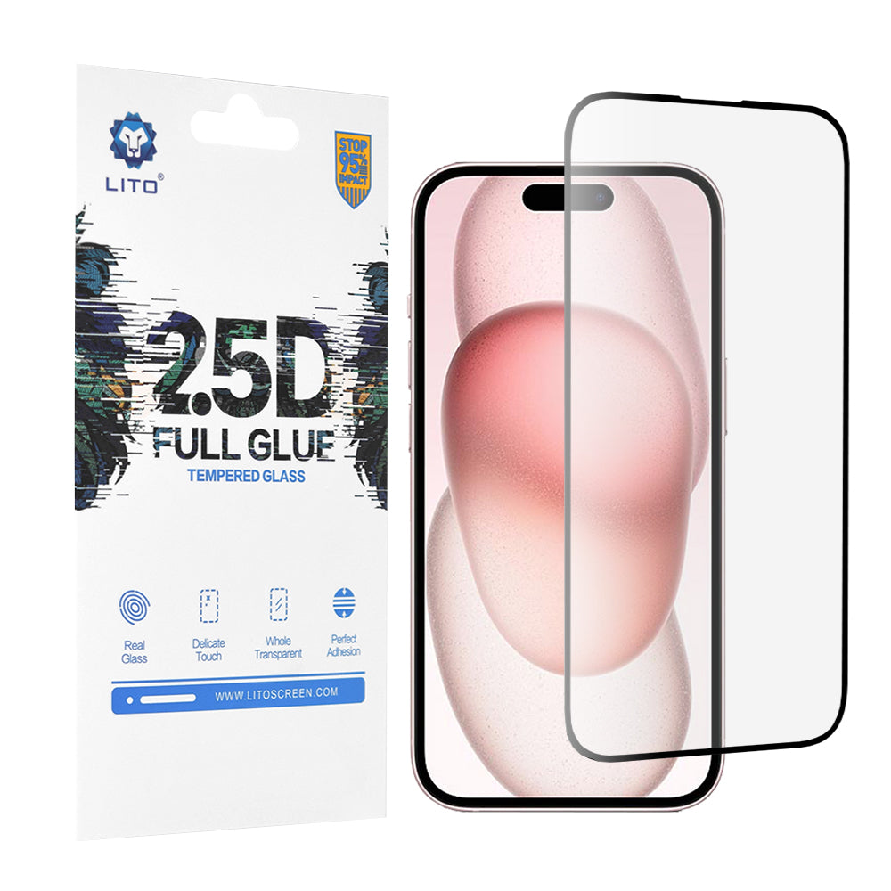 Film de protection d'écran Lito pour Apple iPhone 15, Verre trempé, Full Glue, 2.5D, Noir