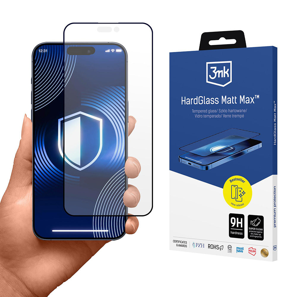 Matte schermbeschermfolie 3MK HardGlass Max voor Apple iPhone 17 Pro Max, Gehard Glas, Volledige Lijm, Zwart