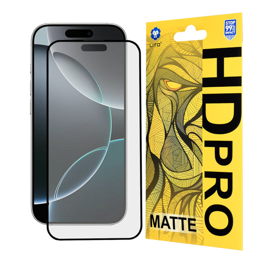 Matte Lito HD Pro schermbeschermfolie voor Apple iPhone 16 Pro, gehard glas, volledige lijm, zwart