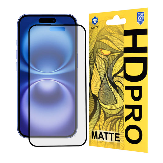 Matte Lito HD Pro schermbeschermfolie voor Apple iPhone 16, gehard glas, volledige lijm, zwart